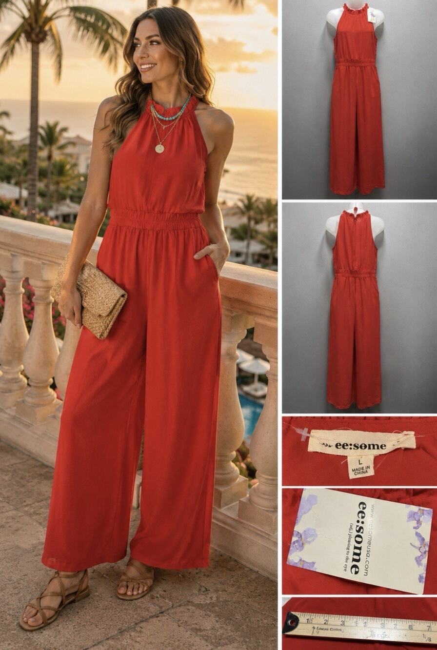 Ee:some Women’s Red Wide Leg Romper Jumpsuit Size Large Pockets Stretch NWT